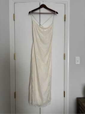 Meshki Ivory Satin Jacquard Cowl Neck Slip Dress